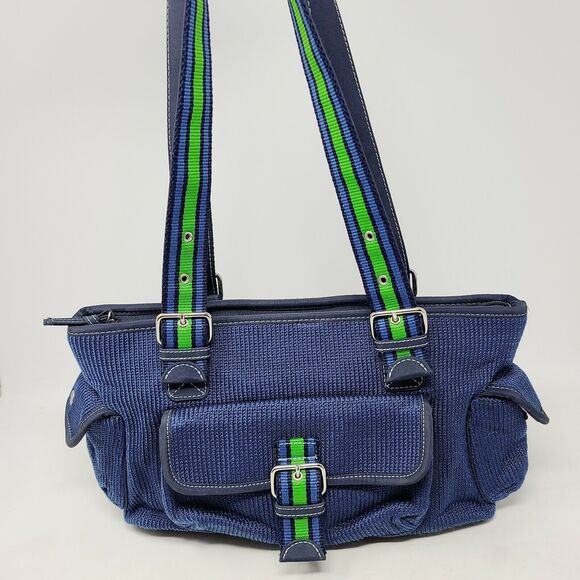 The Sak Navy Blue woven green & blue ribbon handle crochet satchel shoulder bag - Picture 1 of 12